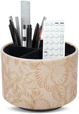 Round Leather Art Supply Organizer,Remote Control Holder,360 Degree Spinning,Multi-Functional Pencil Holder,4 Compartments Desktop Stationary Organizer(1-Carved Light Brown) by Hennaja
