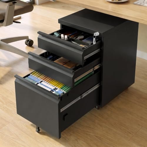 3 Drawer File Cabinet with Lock, Black Metal, Under Desk by TEEALUBAN
