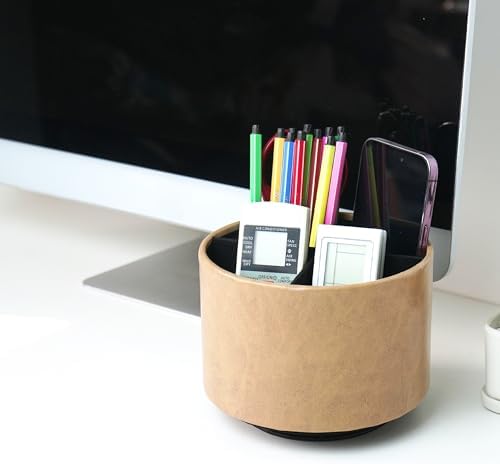 Round Leather Art Supply Organizer,Remote Control Holder,360 Degree Spinning,Multi-Functional Pencil Holder,4 Compartments Desktop Stationary Organizer(1-Oil Yellow) - Image 7