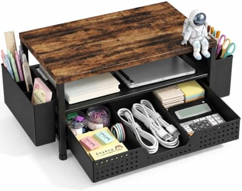 Wood Desk Organizer, 2-Tier Computer Monitor Stand Riser with Drawer by Stylishworkspaceeffortlessorganization