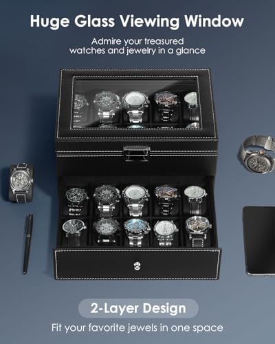 Mens Watch Box Jewelry Organizer, 2-Layer 20-Slot Watch Case -Black - Image 2