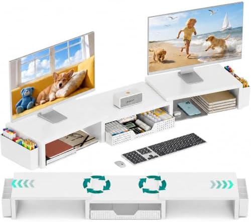 Desk Organizer and Accessories, Computer Monitor Stand Riser with Drawer and 2 Pen Holders, Laptop Stand, Office Desk Accessories for Office Supplies, White by OPNICE