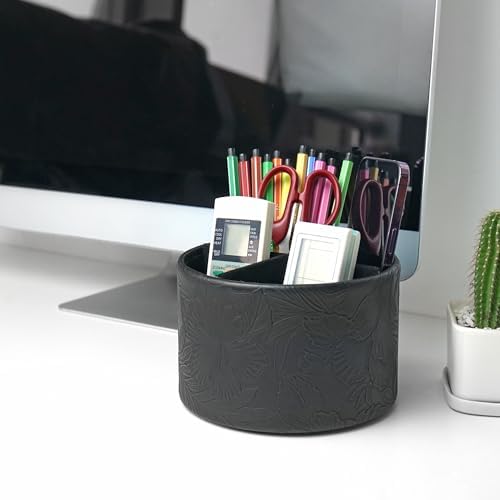 Round Leather Art Supply Organizer,Remote Control Holder,360 Degree Spinning,Multi-Functional Pencil Holder,4 Compartments Desktop Stationary Organizer(1-Carved Black) - Image 7
