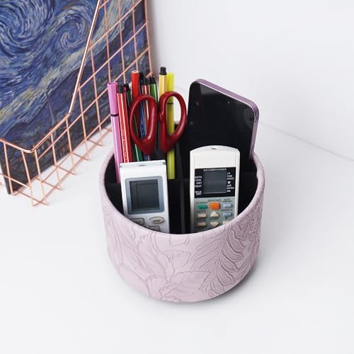 Round Leather Art Supply Organizer,Remote Control Holder,360 Degree Spinning,Multi-Functional Pencil Holder,4 Compartments Desktop Stationary Organizer(1-Carved Purple) - Image 6