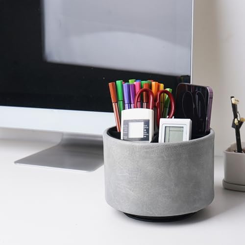 Round Leather Art Supply Organizer,Remote Control Holder,360 Degree Spinning,Multi-Functional Pencil Holder,4 Compartments Desktop Stationary Organizer(1-Crazy Blue) - Image 7
