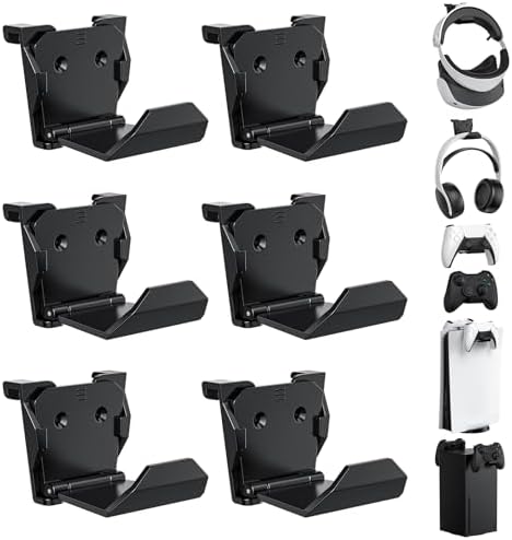 KUNSLUCK 6 Pack Controller Wall Mount – Universal Game Controller Holder for PS5, Xbox, Switch – Adhesive or Screw Installation – Headset & Controller Storage Hook (Black) by KUNSLUCK