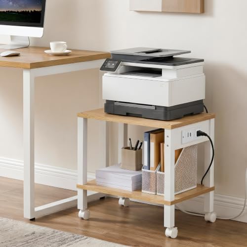 HOOBRO 2-Tier Printer Stand with Charging Station, Under Desk Printer Table, Printer Cart with Storage Shelves, Shelf for Small Spaces, for Home Office, Natural WN38UPS01 - Image 2