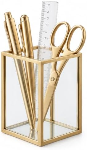 Glass Pen Holder for Desk, Gold Metal Frame Pen Organizer by Unknown