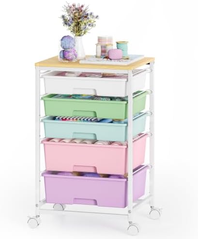 5-Tier Rolling Cart with Drawers with Wooden Top, Ice Cream by SYKIARIOL
