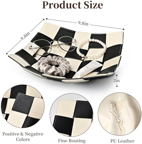 Black and White Checkered Valet Tray PU Leather Key Holder Bowl for Women and Men Entryway Table Nightstand Desk Tray for Wallet, Keys Men's Gift - 9.8" L x 9.8" W x 2" H - Image 2