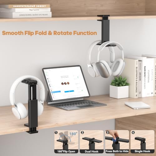 Dual Headphone Stand for Desk, 360° Rotatable & 180° Flippable Holder - Image 6