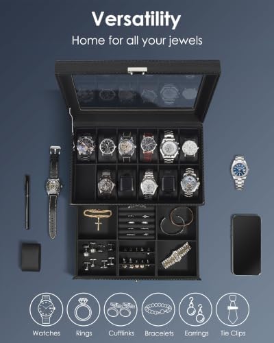Mens Watch Box Jewelry Organizer,12-Slot 2-Layer Case -All Black - Image 3