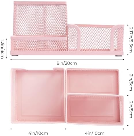 M&G Mesh Pen Holder Desk Organizers Pencil Holder for Desk Pink, 3 Compartments Metal Office Supply Organizer with Sticky Notes Holder for Home Office - Image 2