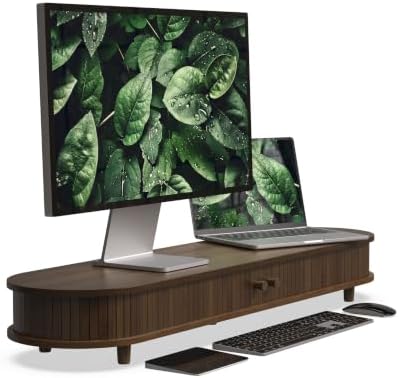 Bamboo Dual Computer Monitor Stand Riser,Curved Wood Desk Shelf by WELLWENG