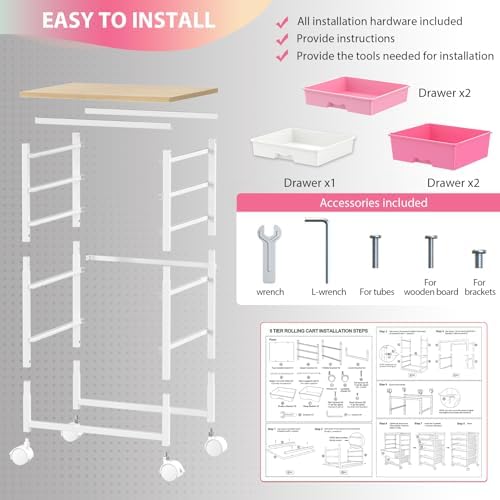 Rolling Cart with 5 Drawers for Craft, Art, Dorm, Office, Pink - Image 6