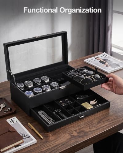 ProCase Mens Jewelry Box, Lockable 8 Slot Watch Case & 3 Slot Sunglasses Organizer, 2-layer Mens Jewelry Organizer Watch Box for Men, Watches Holder Display Storage, Fathers Day Gift -AllBlack - Image 6