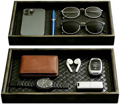 Wooden Valet Tray with Leather Base - Nightstand Catchall Organizer Desk Tray for Keys, Wallet, Men's Jewelry & Accessories(Black) (2, Black) by Quilive