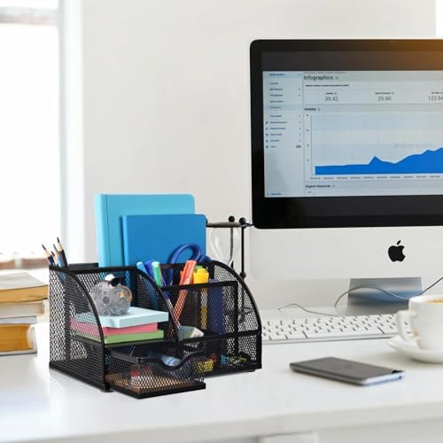 Comix Mesh Pen Pencil Holder Desk Organizer, 7 Compartment Wire Desktop Pen Pencil Cup Caddy Office Supplies for Home Office School, Black - Image 5