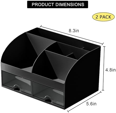 COMFYROOM Desk Organizer with 6 Compartments and 2 Drawers, Plastic Makeup Organizer, Pen Holder for Desktop Storage, Desk Organization for School, Home, Office Supplies Black-2Pack - Image 2