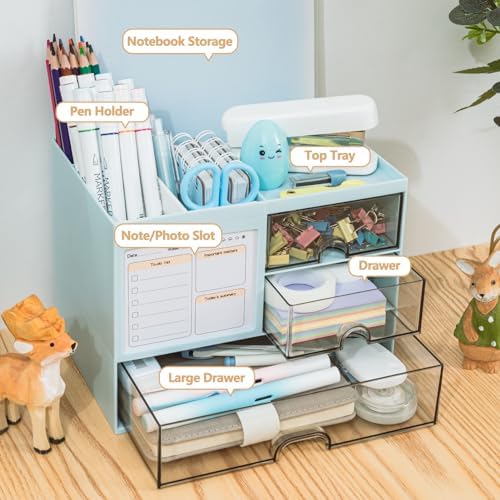 Desk Organizer with 3 Drawer, Multi-Functional Pencil Pen Holder for Desk, Desk Organizers and Storage with 8 Compartments, Desktop Organizer for Office Home Art Supplies (Blue) - Image 2