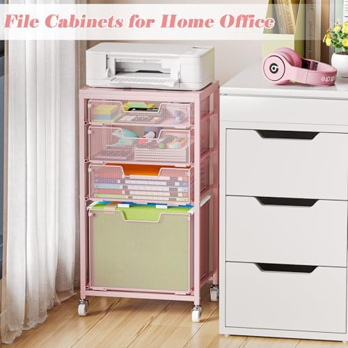 4 Drawer Rolling File Cart Under Desk Storage, File Cabinets for Home Office, Mobile Filing Cabinet, Hanging File Organizer with Wheels, Utility Cart Printer Stand, Pink - Image 7