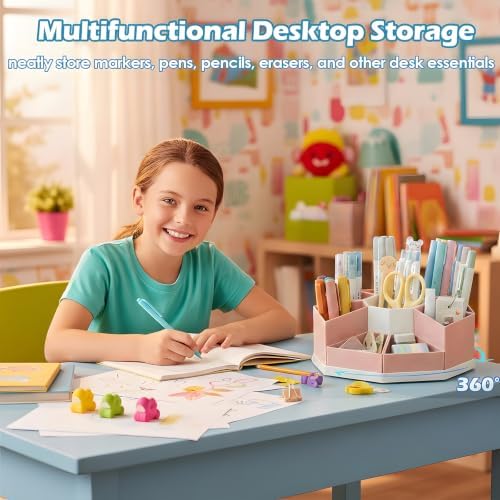 360 Degree Rotating Desk Organizer Caddy with 9 Compartments, Large Capacity Detachable Pencil Holder for Desk, Desktop Storage for Office, School, Home, Dressing Table (Blush Pink with White Base) - Image 2
