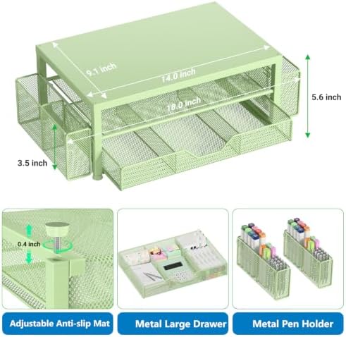 Desk Organizer and Accessories, 2-Tier Computer Monitor Stand Riser with Drawer and 2 Pen Holders, Laptop Stand, Office Desk Accessories for Office Supplies, Light Green - Image 5