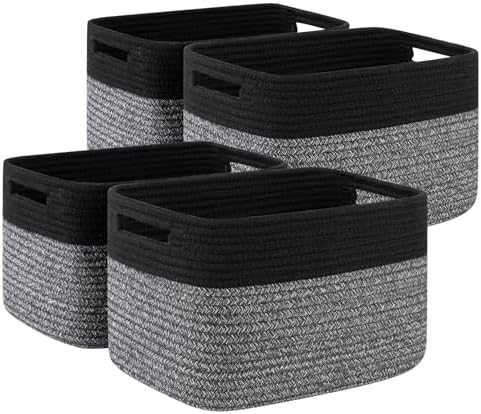 4 Pack Storage Baskets for Organizing, Woven Baskets for Shelves - Perfect for Toys, Books, Towels, and Clothes, Durable Gift Basket Bins Toy Storage, 13''Lx9''Wx7.8''H, Dark Grey and Black by SIXDOVE