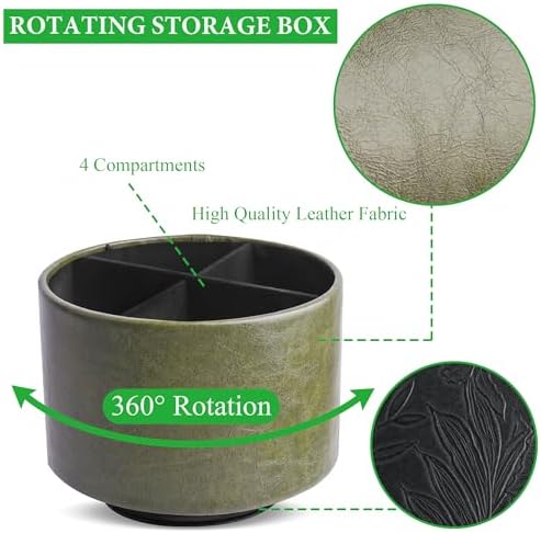 Round Leather Art Supply Organizer,Remote Control Holder,360 Degree Spinning,Multi-Functional Pencil Holder,4 Compartments Desktop Stationary Organizer(1-Oil Green) - Image 3