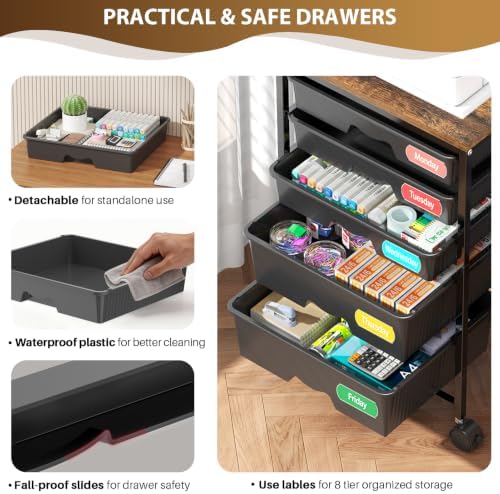 Rolling Cart with 5 Drawers for Craft, Art, Dorm, Office, Black - Image 3