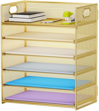 Marbrasse Paper Letter Tray Organizer - 6 Tier Mesh File Organizer with Handle, Paper Sorter Organizer for Letter/A4 Office File Folder Holder - Gold by Marbrasse