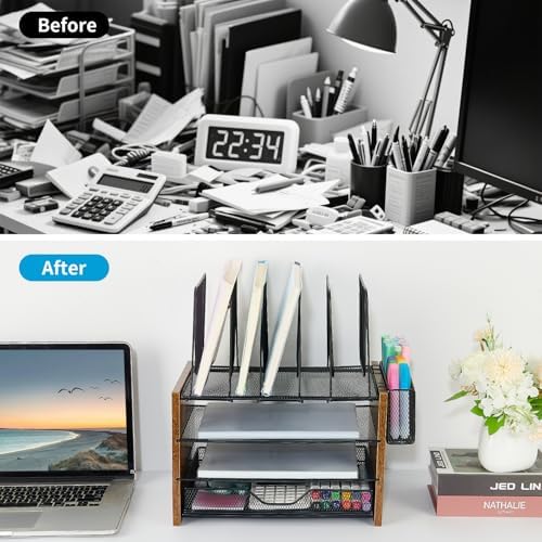 Desk Organizer, 4-Tier Desktop File Organizer with Drawer and Pen Holders, Office Desk Accessories, File Sorters, Workspace Organizers for Office Supplies(Brown) - Image 5