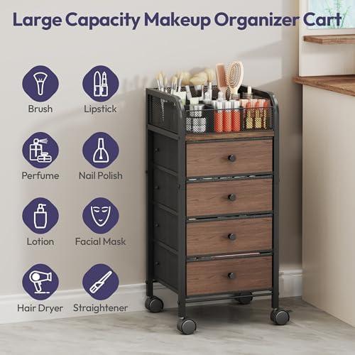 Rolling Makeup Organizer Cart - Under Desk Vanity Makeup Storage with 4 Non-woven Drawers, Nail Cart Organizer Cosmetic Display Cases Cabinet for Skin Care Perfume Nail Polish Brush Hair Tool - Image 6