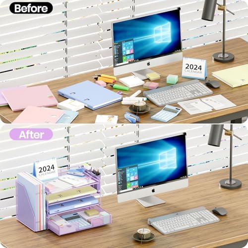 Desk Organizer, 4-Tier Desktop File Organizer with Drawer and Pen Holders, Office Desk Accessories, File Sorters, Workspace Organizers for Office Supplies(Purple) - Image 2
