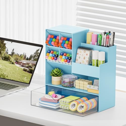 Marbrasse Plastic Pen Holder for Desk, Multi-Functional Desk Organizer Pencil Holder with Drawer, Desk Organizers and Accessories for Office Art Supplies(Blue) - Image 3