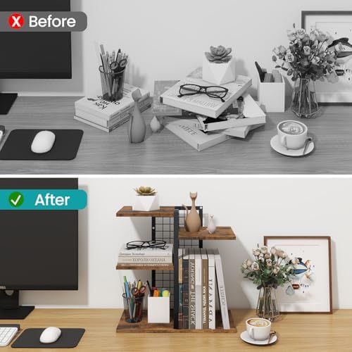 Desktop Shelf Organizer, 4-Tier Wooden Desk Bookshelf, Small Tabletop Book Shelf, Adjustable Display Rack for Home, Office, Dorm, Rustic Brown - Image 4