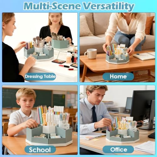 360 Degree Rotating Desk Organizer Caddy with 9 Compartments, Large Capacity Detachable Pencil Holder for Desk, Desktop Storage for Office, School, Home, Dressing Table (Sage Green with White Base) - Image 5