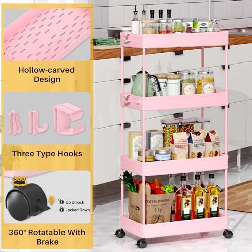 4 Tier Rolling Cart with Wheels, Storage Craft Art Trolley Organizer Serving, 3 Hanging Baskets Easy Assembly, for Office, Living Room, Kitchen - Image 4