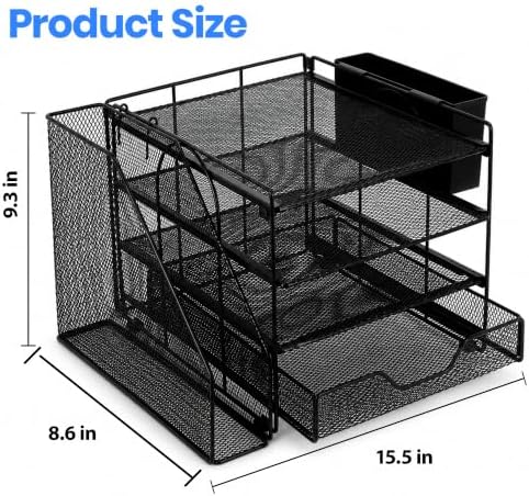 Desk Organizer, 4-Tier Desktop File Organizer with Drawer and Pen Holders, Office Desk Accessories, File Sorters, Workspace Organizers for Office Supplies(Black-1) - Image 4