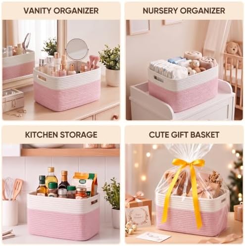 4 Pack Storage Baskets for Organizing, Woven Baskets for Shelves - Perfect for Toys, Books, Towels, and Clothes, Durable Gift Basket Bins Toy Storage, 13''Lx9''Wx7.8''H, Pink & White - Image 7