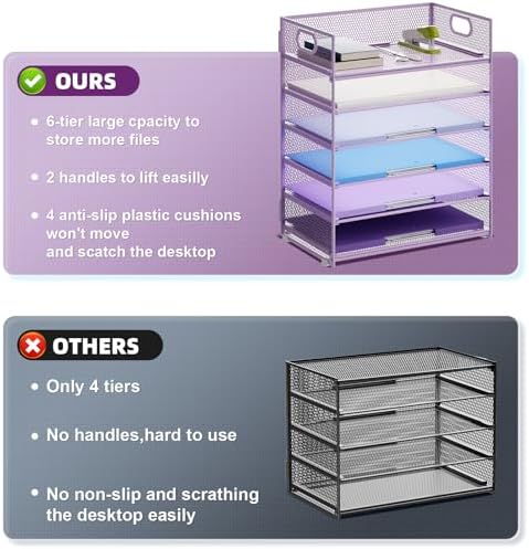 Marbrasse 6 Tier Paper Organizer Letter Tray - Mesh Desk File Organizer with Handle, Paper Sorter for Letter/A4 Office File Folder Holder - Purple - Image 2