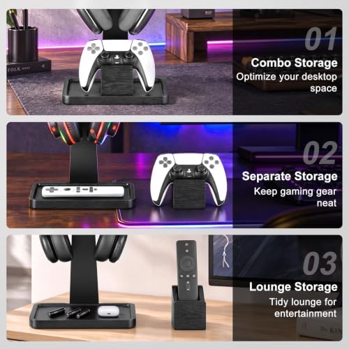 Solid Wood Metal Headphone Stand with Modular Controller Holder for Desk - Image 6
