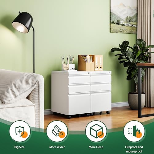 3 Drawer Mobile File Cabinet with Lock, Under Desk Metal Filing Cabinets for Home Office Organizer Letters/Legal/A4(Fully Assembled-White) (Pack of 2) - Image 4