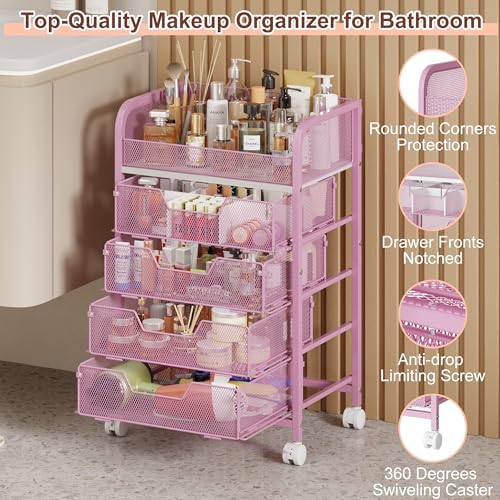 Makeup Cart Organizer with 4 Drawers, Large Floor Skincare Organizers, Vanity Storage Organizer Cosmetics Display Cases for Skin Care Perfume Nail Polish, Pink - Image 4