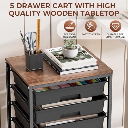 5-Tier Rolling Cart with Drawers with Wooden Top, Black - Image 6