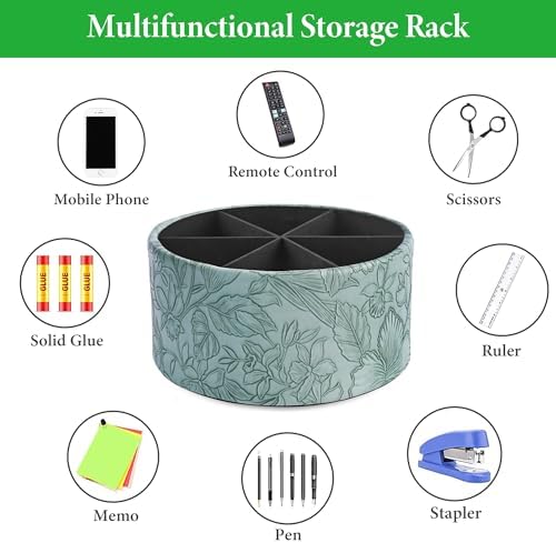 Remote Control Holder, 360°Spinning PU Leather Desk TV Remote Caddy,Desk Storage Box Room Accessories for Controller, Media,Mail,Calculator, Mobile Phone,Pencil(1-Carved Green2) - Image 5
