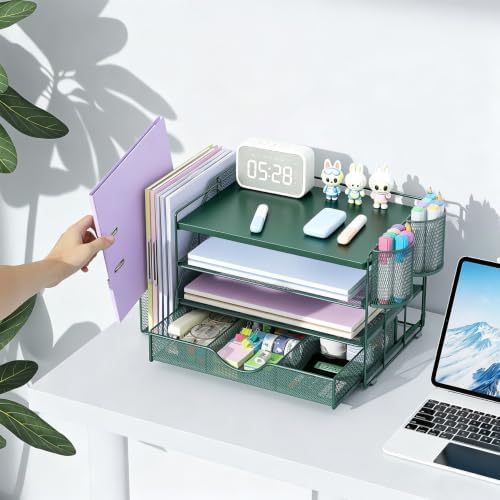 gianotter Desk Organizers and Accessories with File Holder, 4-Tier Desk Accessories & Workspace Organizers with Drawer and 2 Pen Holder, Desk Reference Organizer (Green, 4T with Metal Drawer) - Image 4