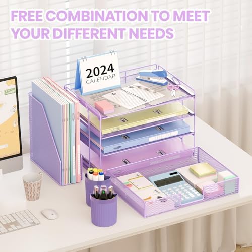 Desk Organizer, 4-Tier Desktop File Organizer with Drawer and Pen Holders, Office Desk Accessories, File Sorters, Workspace Organizers for Office Supplies(Purple) - Image 5