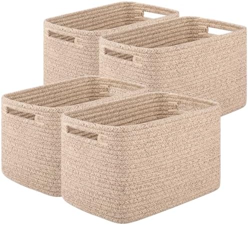 OIASKET 4Packs Natural Cotton Rope Storage Baskets for Organizing Toys, Clothes, Towels & Books, Soft Versatile Organizers for Shelves, Home Decorative Bins, 13''Lx9''Wx7.8''H, Brown by OIASKET