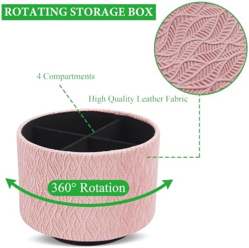 Round Leather Art Supply Organizer,Remote Control Holder,360 Degree Spinning,Multi-Functional Pencil Holder,4 Compartments Desktop Stationary Organizer(1-Leaves Pink) - Image 3